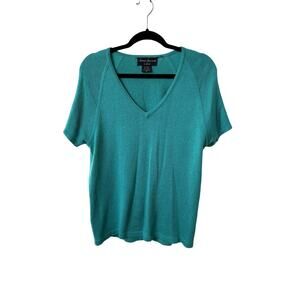 Vintage James Kenrob by Dalton Aqua Sweater Knit Top V-Neck Short Sleeve Sz 18